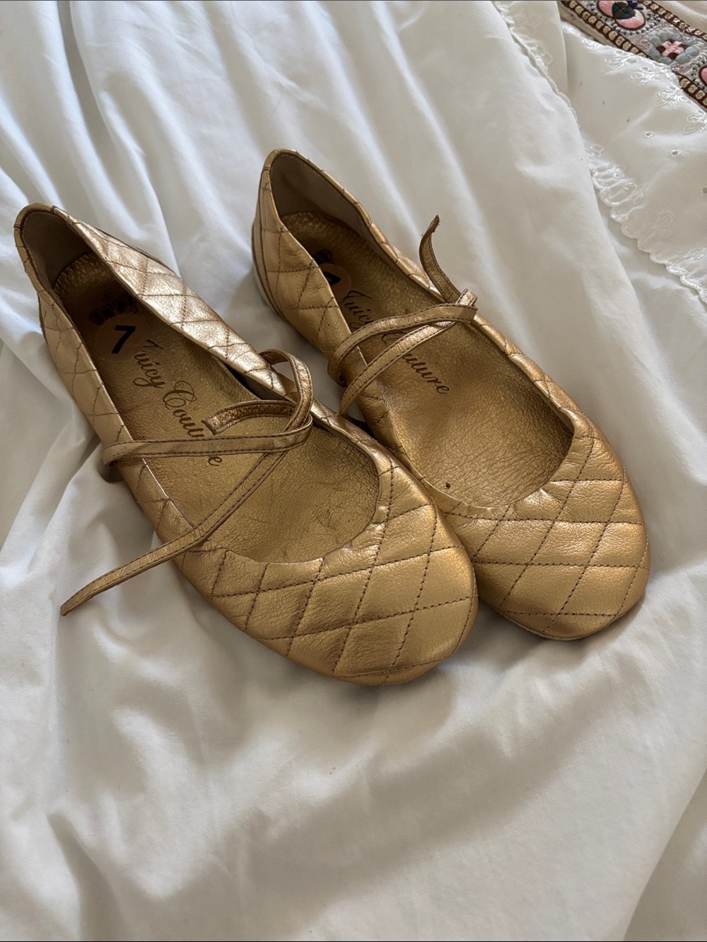 Vintage Juicy Couture Gold Ballet Flats with Tie Strap - 2000s Ballet